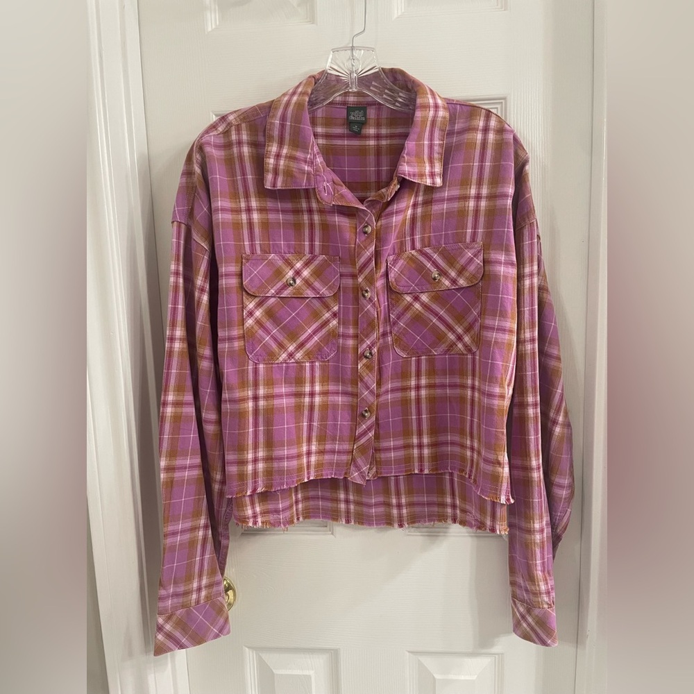 Wild Fable Pink and Purple Plaid Cropped Button-Down Shirt Size M